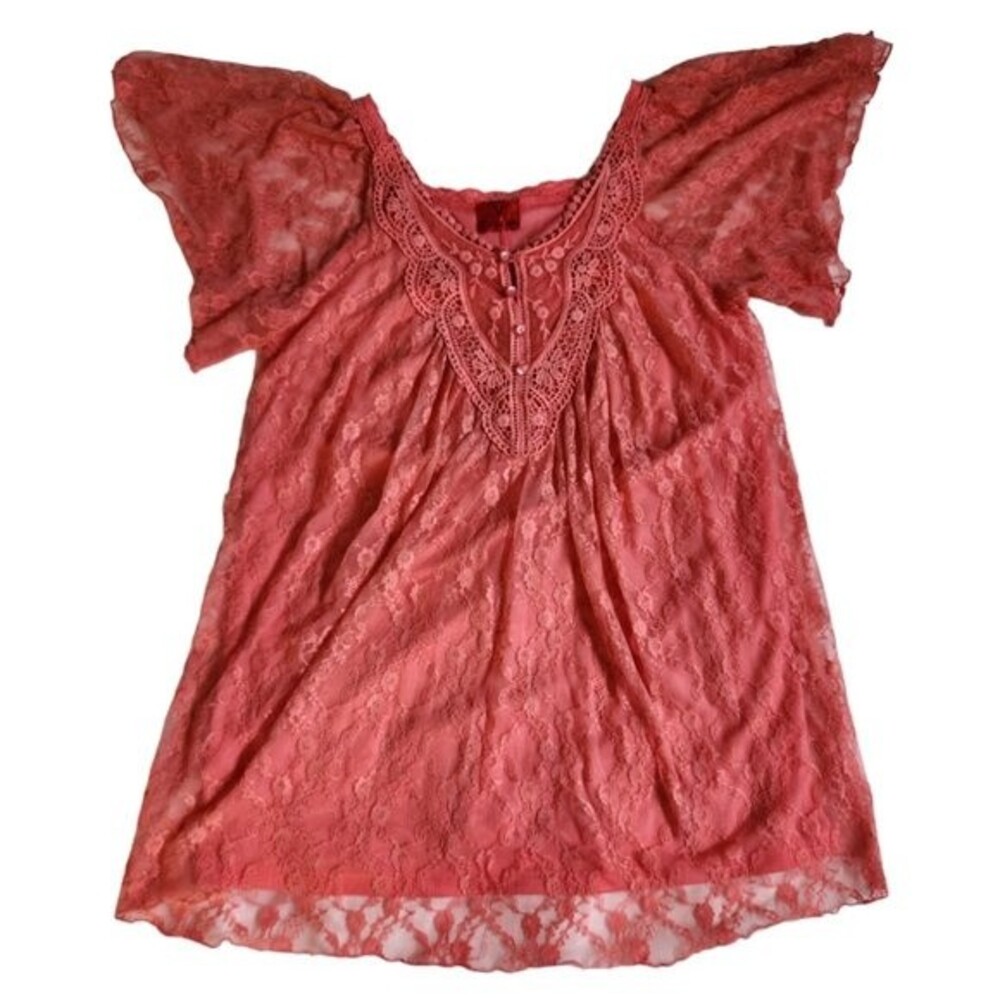 V Cristina flutter sleeve floral print lace overlay top sz M